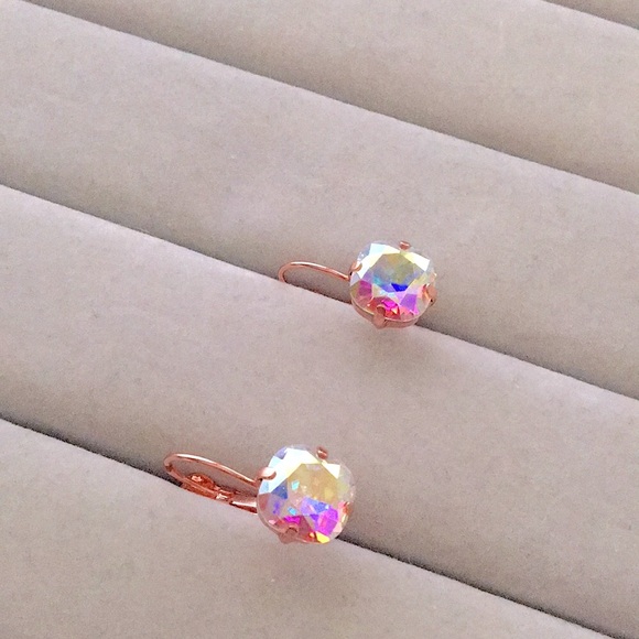 Aurora Borealis + Rose Gold Cushion Cut Crystal Drop Earrings - Picture 7 of 12